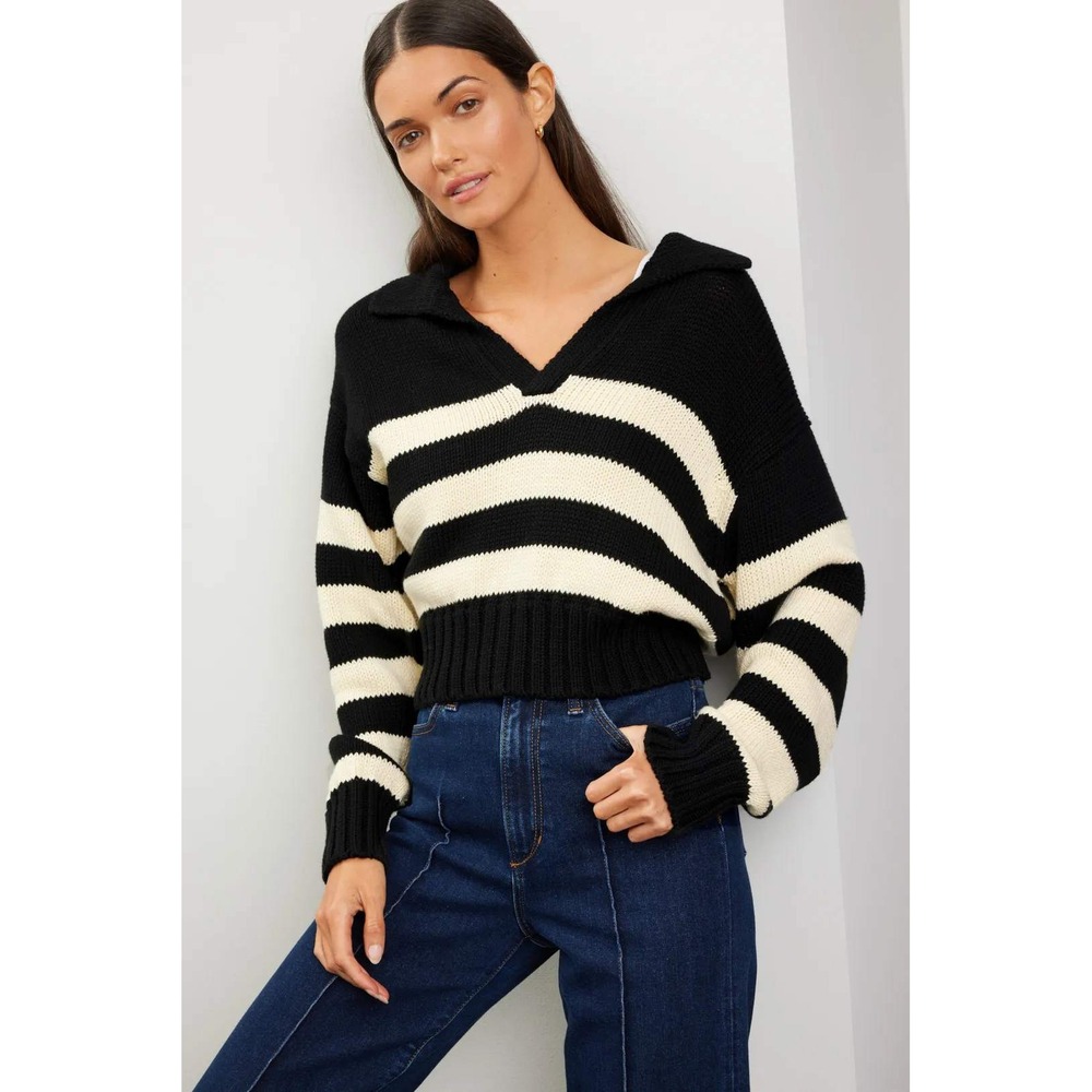 Ciao Lucia Venezia Polo Sweater Black Striped Pima Cotton Cropped Knit Sz M